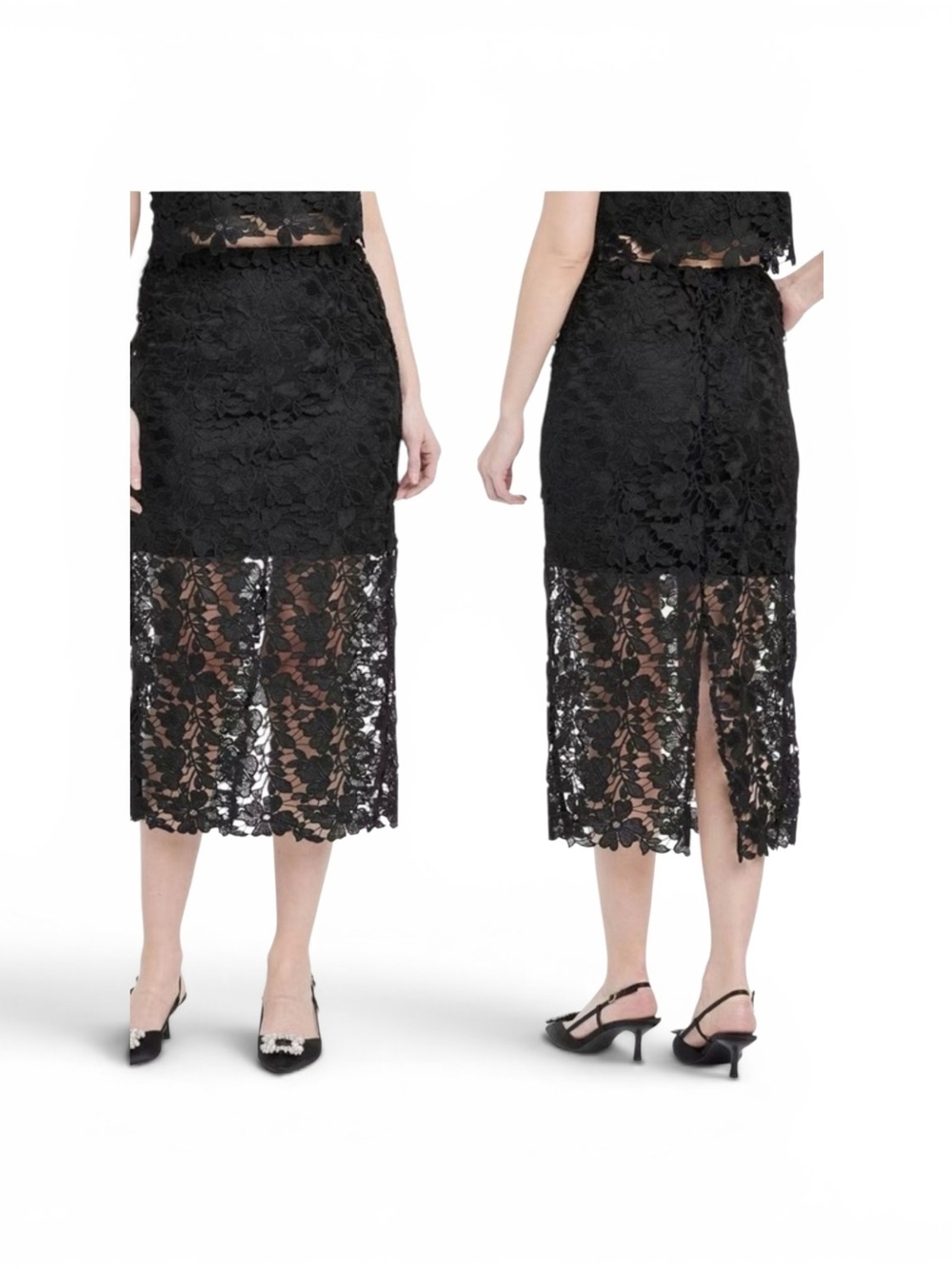 Black Lace Overlay Size 1X & 3X Midi Skirt - Elegant Sheer Panel